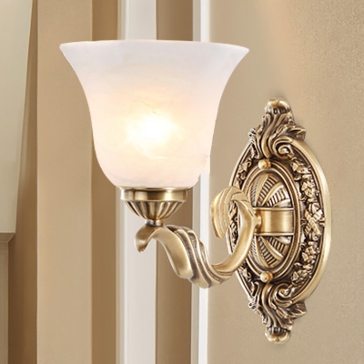 Metal Carved Wall Sconce Fixture Vintage Stylish 1 Light Stairway Gold Wall Lighting with Opal Glass Petal Shade