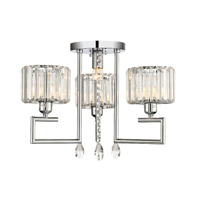 Modern 4/6-Head Semi Flush Mount Light Silver Drum Ceiling Light Fixture with Prismatic Crystal Shade and Droplets