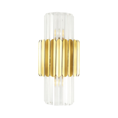 Modern Cylinder Wall Mount Lamp Clear Crystal 2 Heads Bedroom Wall Lighting Fixture in Gold