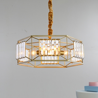Modern Hexagon Metal Frame Hanging Light Rectangle-Cut Crystal 3 Heads Dining Room Chandelier Lamp in Gold