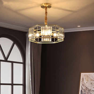 Modern Hexagon Metal Frame Hanging Light Rectangle-Cut Crystal 3 Heads Dining Room Chandelier Lamp in Gold