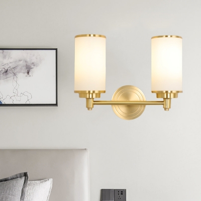 Modern Style Cylinder Wall Mount Lamp 1/2-Light Opal White Glass Wall Lighting with Brass Pencil Arm
