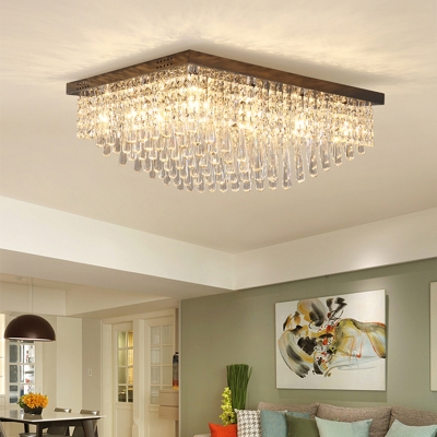 Nickel Rectangle Flush Light Fixture Modernism 10 Heads Crystal Rod Ceiling Lamp