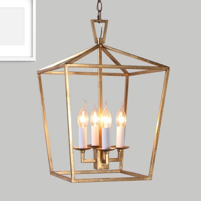 Prismatic/Rhombus Cage Shade Pendant Light Fixture Industrial Metal 4 Lights Suspension Light in Gold