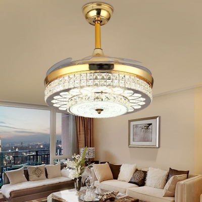 Silver/Gold Carved Semi Flush Fan Light Simple 4-Blade Faceted Glass Downrod LED Ceiling Lamp with Remote Control/Wall Control/Frequency Conversion