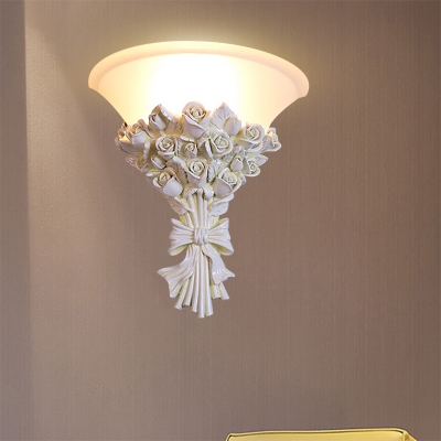 Tapered Sconce Lamp Colonization Opal Glass 1 Bulb Wall Lighting Fixture with Flower for Bedside