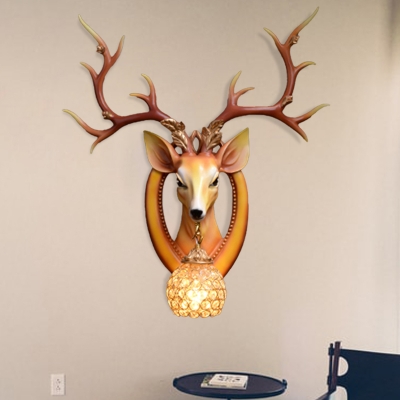 Vintage White/Brown Deer Sconce Light Fixture Resin 1 Light Living Room Wall Lamp with Crystal and Metal Dome Shade