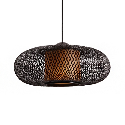 1 Head Oval Pendant Lamp Chinese Style Hand Knitted Bamboo Hanging Ceiling Light in Black/Wood
