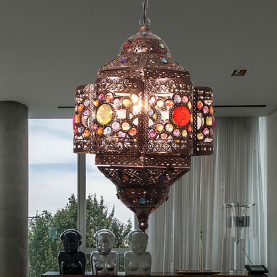 1 Light Carved Pendant Lamp with Crystal Accents Bohemia Metal Hanging Light in Copper