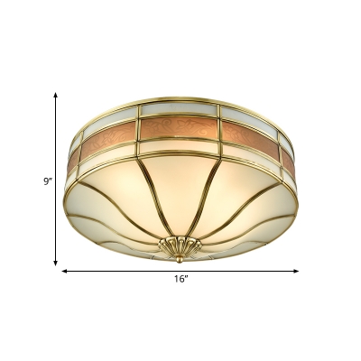 3 Bulbs Drum Ceiling Mount Colonial Brass Mouth-Blown White Opal Glass Flush Light Fixture for Bedroom