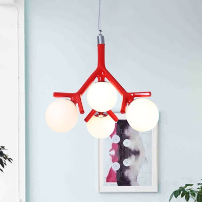 4 Heads Spherical Hanging Lamp with Milk Glass Lampshade Contemporary Colorful Ceiling Chandelier in Black/Red/White