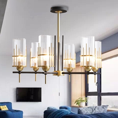 6-Head Clear Glass Chandelier Pendant Contemporary Black and Gold Triangular Prism Suspension Lamp