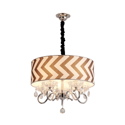 Beige Drum Chandelier Light Traditional Fabric 5 Head Bedroom Hanging Ceiling Light with Crystal Drop