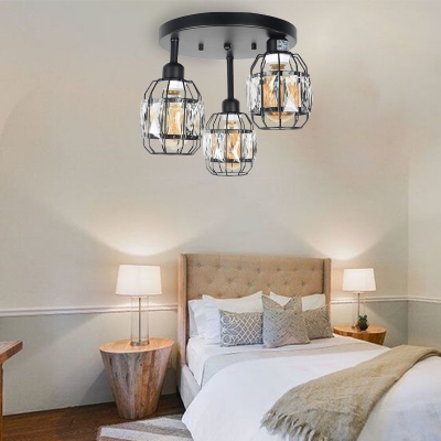 Black 3-Light Semi Flush Ceiling Lamp Traditional Iron Frame Flushmount Lighting with Crystal Accents