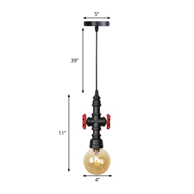 Clear/Amber Glass Ball Hanging Light with Valve Industrial 1 Light Pendant Light Fixture
