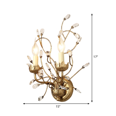 Clear Crystal Branch Flush Wall Sconce with Candle Vintage 2 Heads Wall Mount Lamp in Antique Brass