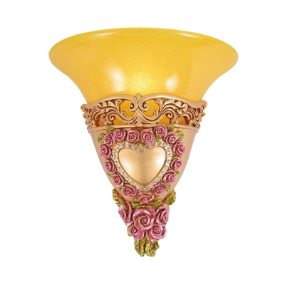 Colonial Style Trumpet Shape Sconce Light 1 Bulb Yellow Glass Wall Lighting Fixture