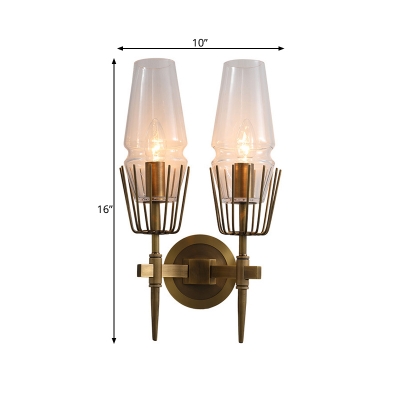 Colonial Tapered Sconce Light 1/2-Bulb Clear Glass Wall Lamp in Brass for Living Room