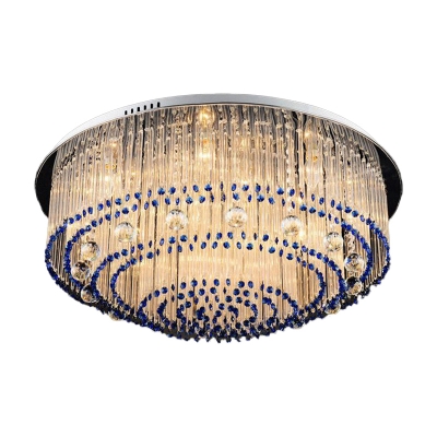 Contemporary Round Ceiling Light Clear Fluted Crystal Rod Living Room 6/9/14 Heads Flush Light in Nickel