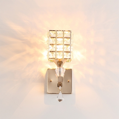 Cubic Living Room Wall Lamp Clear Crystal and Metal 1 Light Contemporary Style Wall Sconce Fixture in Silver/Gold
