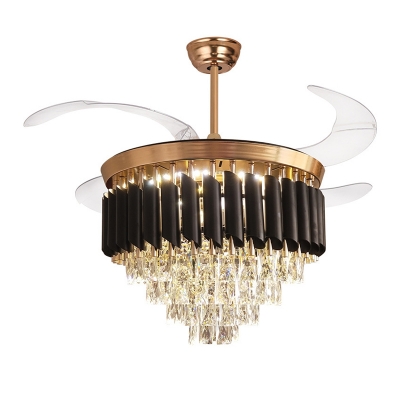 Cylinder Ceiling Fan Light Contemporary Crystal Gold Led Flush Mount Fixture with Remote Control/Frequency Conversion