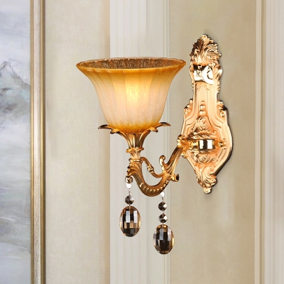 Flower Living Room Wall Mount Light Traditional Amber Glass 1 Head Brass Sconce Light
