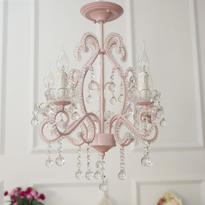 Geometric Chandelier Pendant Light with Crystal Bead Accent Macaron 5 Lights Ceiling Pendant Light in Pink