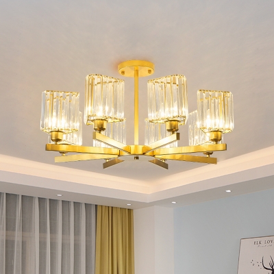 Gold Rectangle Semi Flush Mount Contemporary Crystal 3/6/8 Lights Living Room Ceiling Light Fixture