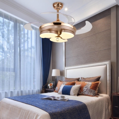 LED Bedroom Semi Flush Light Gold Ceiling Fan Lamp with Flower Acrylic Shade, Wall/Remote Control/Frequency Conversion