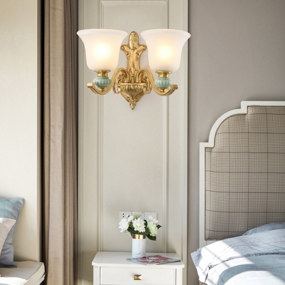 Milk Glass Bell Wall Sconce Traditional Style 1/2-Light Bedside Gold Finish Wall Lamp with Ceramic Decoration