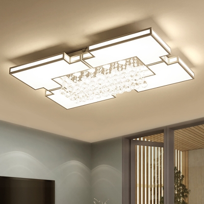 Modern Rectangular Flush Lighting Acrylic and Crystal Led White Flush Ceiling Light in Warm/White Light, 23.5
