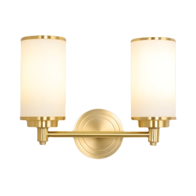 Modern Style Cylinder Wall Mount Lamp 1/2-Light Opal White Glass Wall Lighting with Brass Pencil Arm