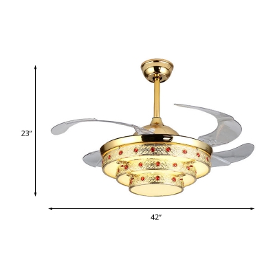 Modernity LED Fan Lighting Steel Gold Carved Layer Semi Flush Light with Remote Control/Wall Control/Frequency Conversion