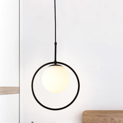 Opal Glass Ball Hanging Lamp Contemporary 1 Bulb Pendant Ceiling Light with Round Metal Frame