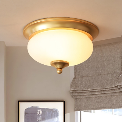 Oval Bedroom Flush Mount Light Colonial Blown Opal Glass 2 Bulb Brass Close to Ceiling Lamp