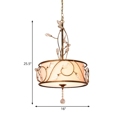 Round Iron Ceiling Chandelier Antique 3-Light Suspension Pendant in Gold with Crystal Accent and Fabric Shade,16