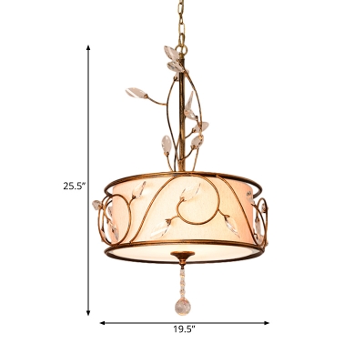 Round Iron Ceiling Chandelier Antique 3-Light Suspension Pendant in Gold with Crystal Accent and Fabric Shade,16