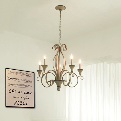 Vintage Candle Hanging Lamp 5 Lights Metal Chandelier Lighting in Wood for Living Room