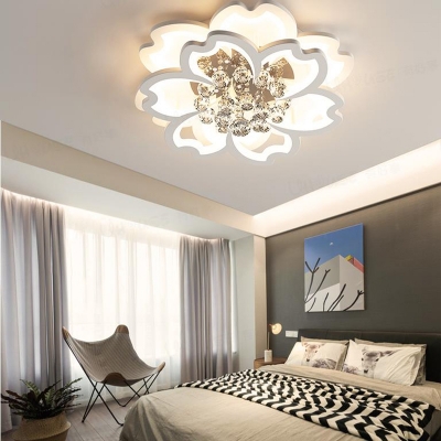 White Flower Flush Light Contemporary Crystal Ball LED Ceiling Fixture in Warm/White/Fourth Gear Light