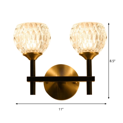1/2-Bulb Living Room Wall Mounted Lamp Modern Black/Gold Finish Wall Light with Dome Clear Dimpled Glass Shade