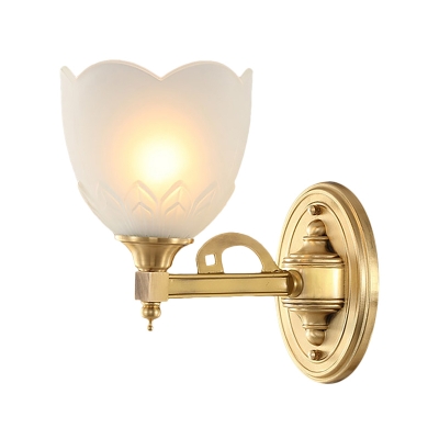 1/2-Bulb Scalloped Wall Lamp Classic Stylish Frosted Glass Sconce Lighting with Golden Metal Arm