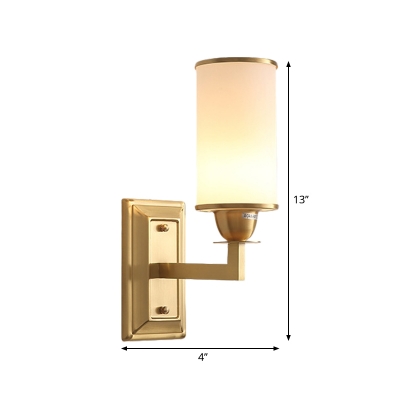 1 Bulb Cylinder Sconce Lamp Simple Milk Glass Wall Lighting Fixture with Brass Metal Arm