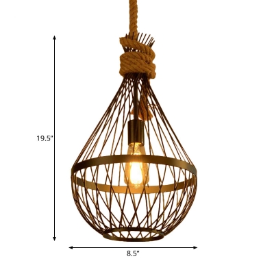 1 Light Teardrop Suspension Light Metal Wire Frame Country Style Hanging Lamp in Black with 39