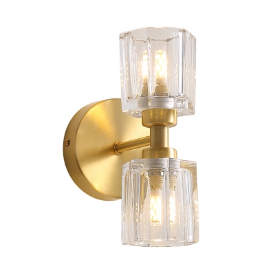 2 Bulbs Living Room Wall Light Modern Style Gold Finish Wall Sconce Fixture with Tapered Clear Crystal Shade