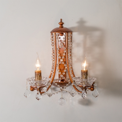 2 Heads Candle Wall Mount Light with Crystal Beaded Strand French Country Sconce Light in Weathered Copper