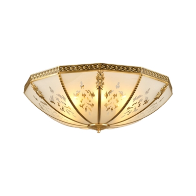 3 Bulbs Bowl Ceiling Mount Colonial Brass Mouth Blown Opal Glass Flush Light Fixture for Bedroom