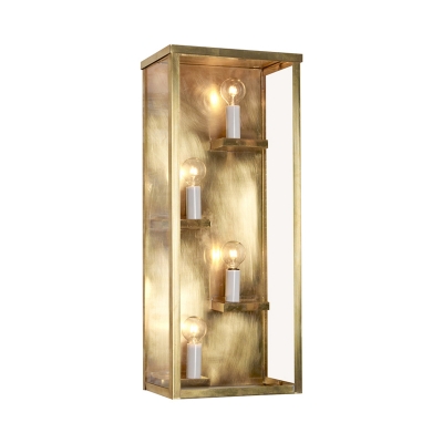 4 Bulbs Wall Mount Light Vintage Cuboid Box Metallic and Clear Glass Sconce Light in Gold/Black