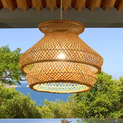 Bamboo 2 Tiers Hanging Lamp 1 Light Asian Woven Living Room Pendant Lighting in Wood