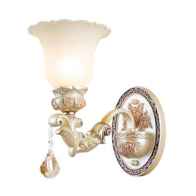 Beige Glass Floral Shape Wall Mounted Light Traditional 1/2 Lights Living Room Sconce Ligh