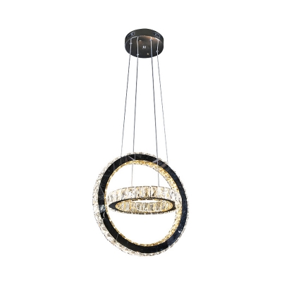 Black LED Hanging Chandelier Modern Style Crystal Ring Pendant Lighting Fixture for Living Room